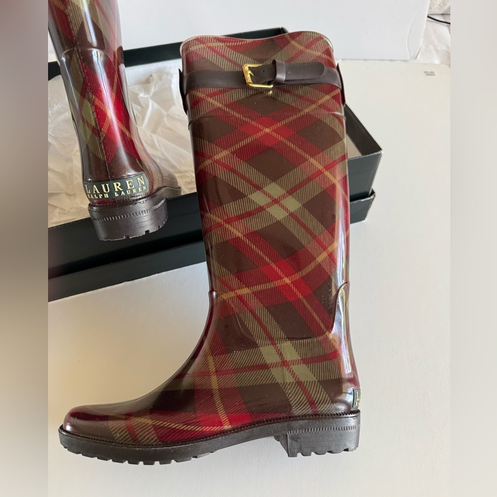 Ralph Lauren Rosalyn Rain Boots 6 plaid (sage & Burgundy) NWOT in box - Picture 9 of 10